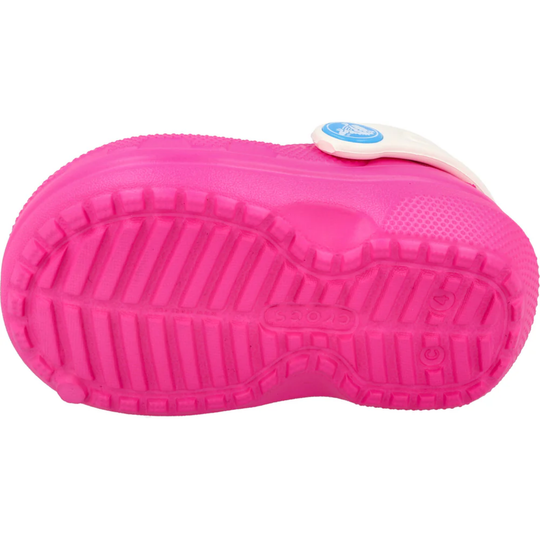 Pink rubber sandal with a white strap on a white background