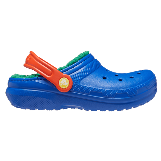 Blue clog shoe with orange strap and green lining on a white background
