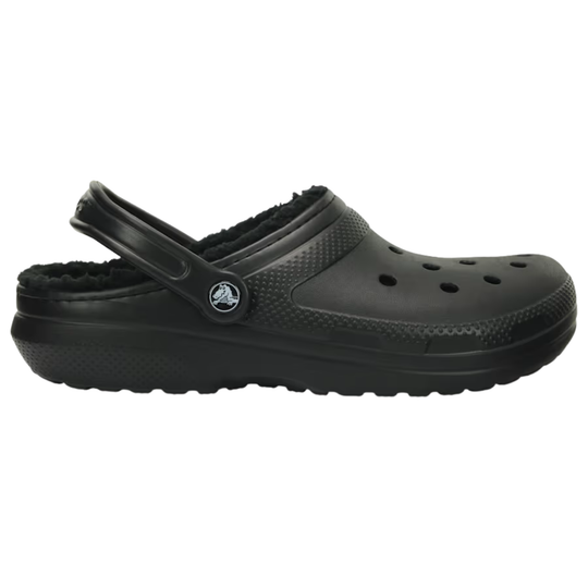 Black clog shoe with fuzzy lining on a white background