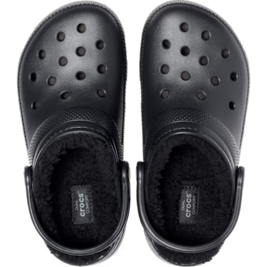 Black clogs with fuzzy lining on a white background