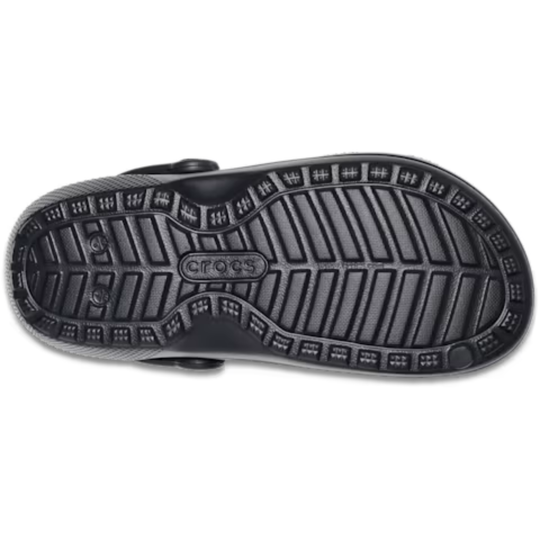 Black sandal sole with Crocs logo on a white background