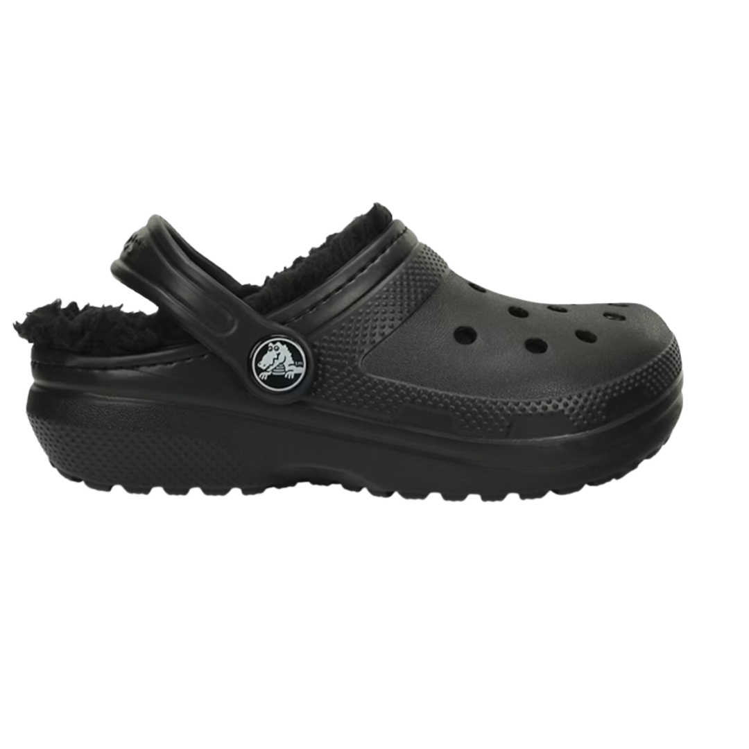 Black clog shoe with fuzzy trim on a white background