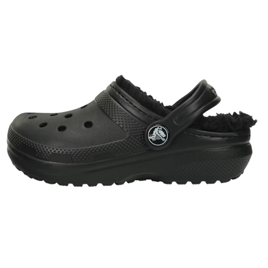Black clog shoe with fuzzy lining on a white background
