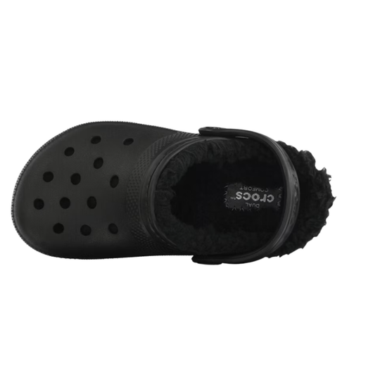 Black croc-style shoe with fuzzy lining on a white background