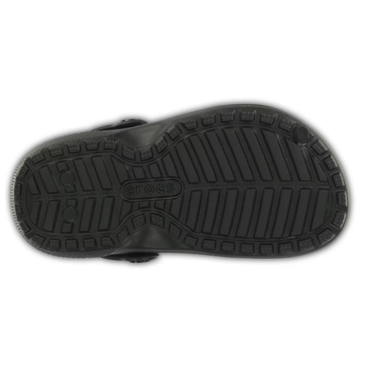 Black sandal sole with brand logo on a white background