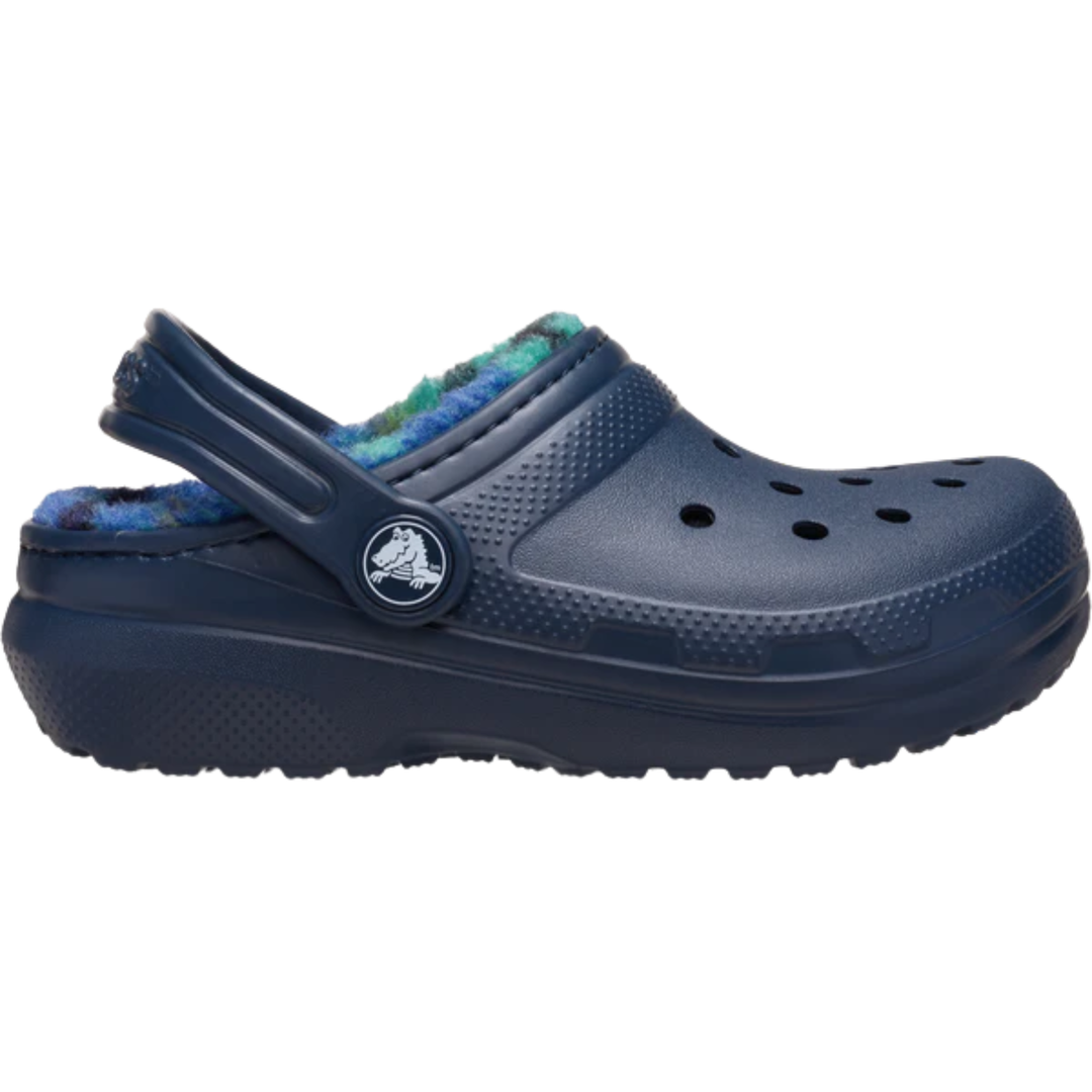 Navy blue clog with fuzzy lining on a white background