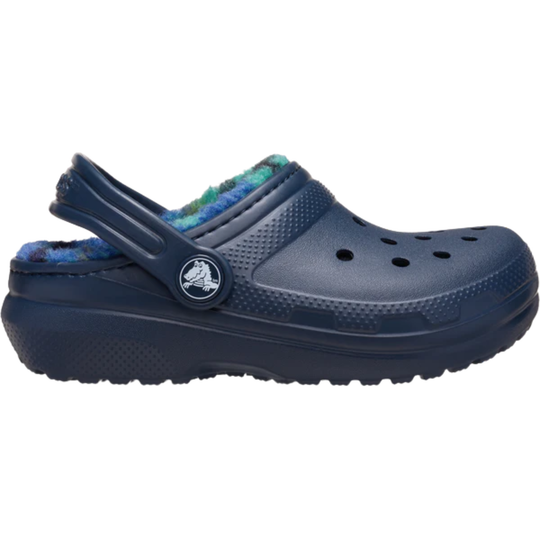 Navy blue clog with fuzzy lining on a white background