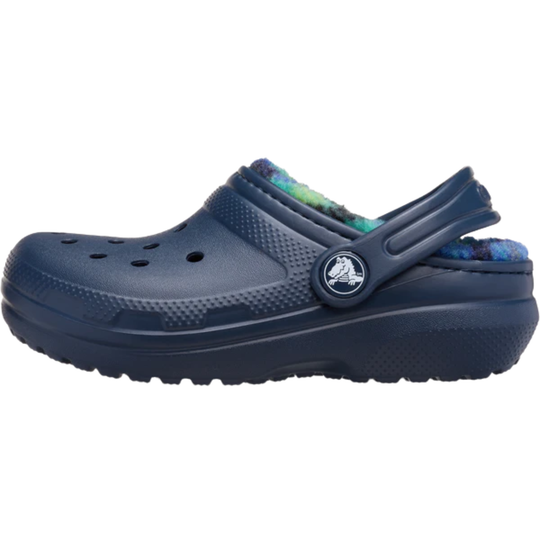Navy blue clog shoe with colorful interior on a white background