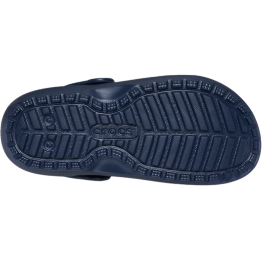 Navy blue sandal with Crocs logo on a white background