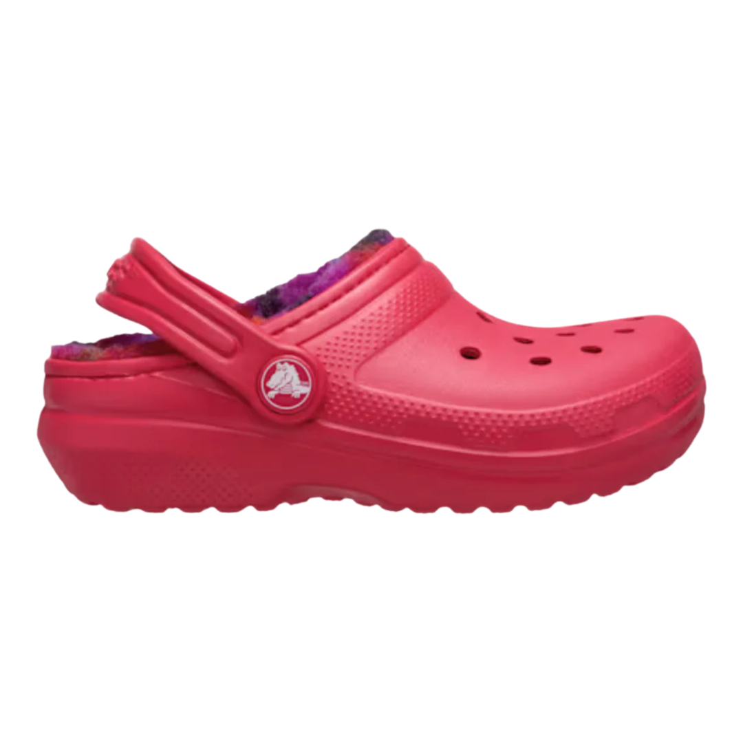 Red clog shoe with a brand logo on a white background