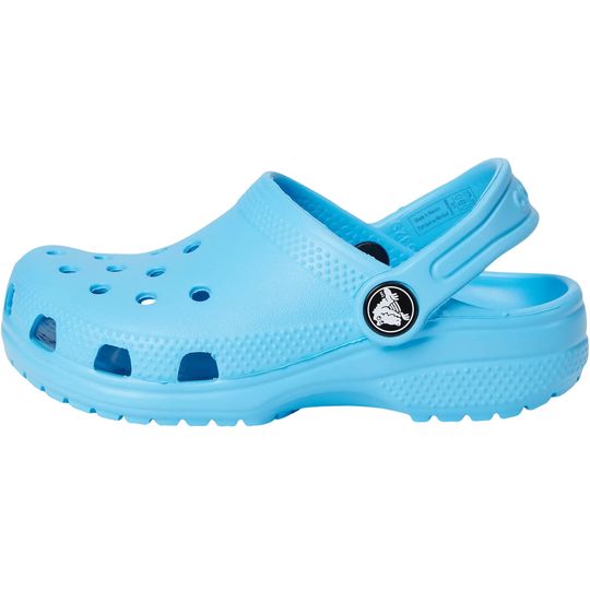 Light blue clog shoe with a brand logo on a white background