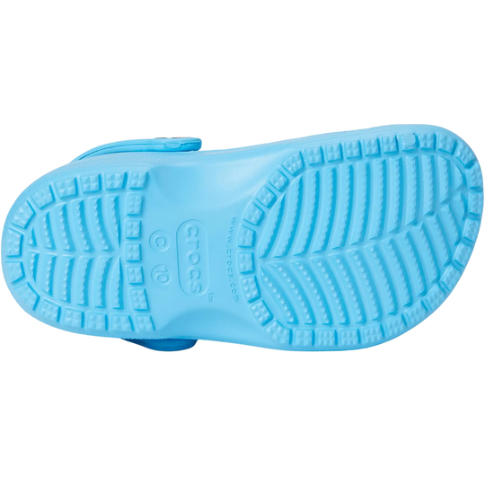 Blue sandal sole with Crocs branding on a white background