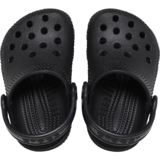 Black clogs with open design on a white background
