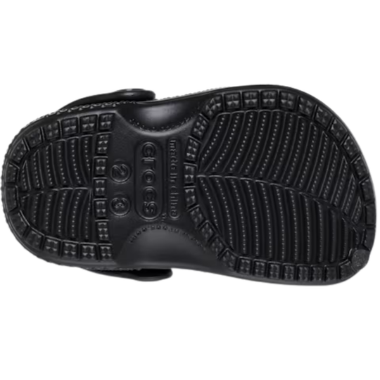 Black sandal sole with brand logo on a white background