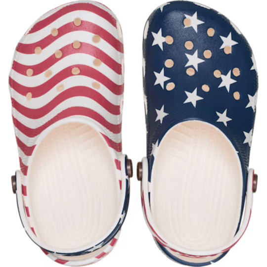 Two clogs with American flag design on a white background
