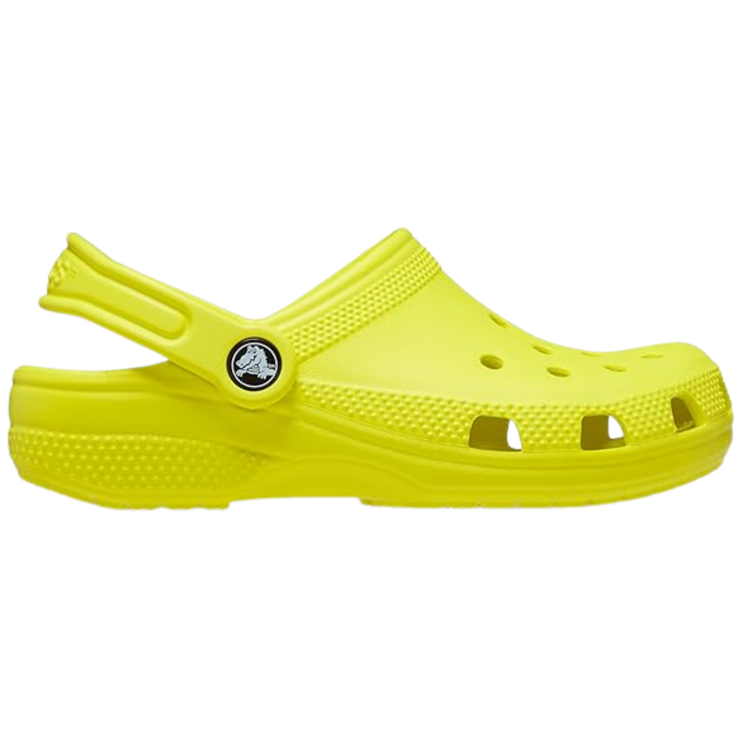 Yellow clog shoe with a brand logo on a white background