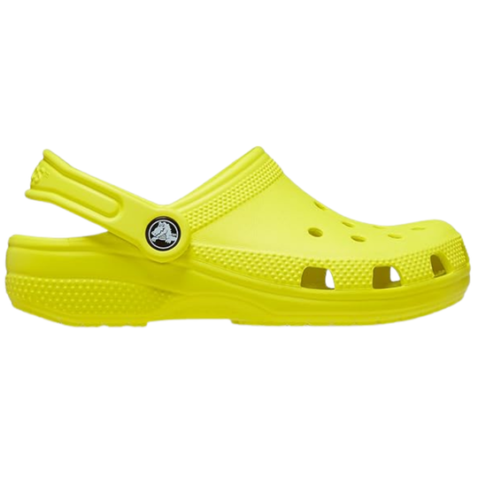 Yellow clog shoe with a brand logo on a white background
