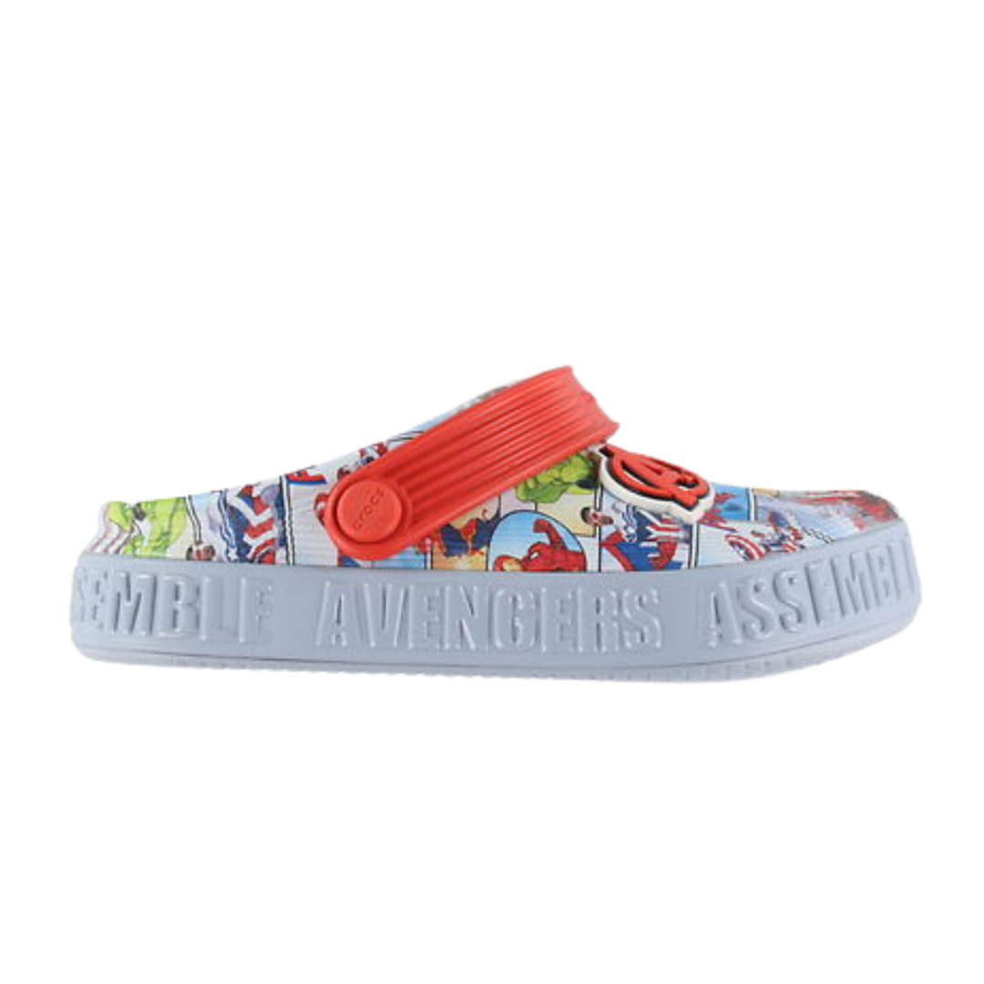 Marvel Avengers-themed sandal with colorful design and red strap on a white background