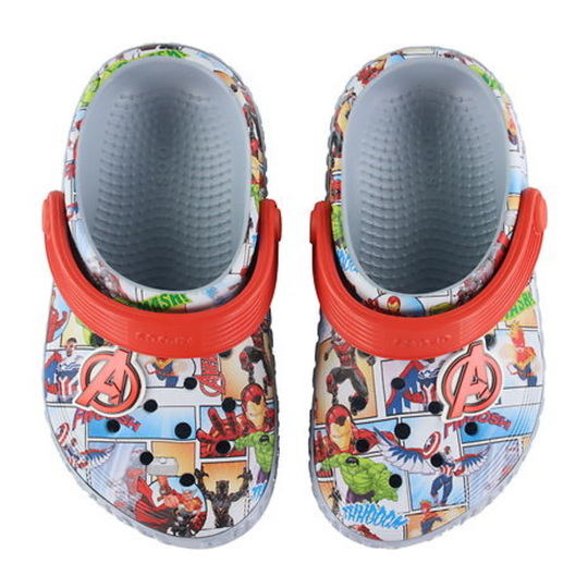 Children's clogs with superhero design and red straps on a white background