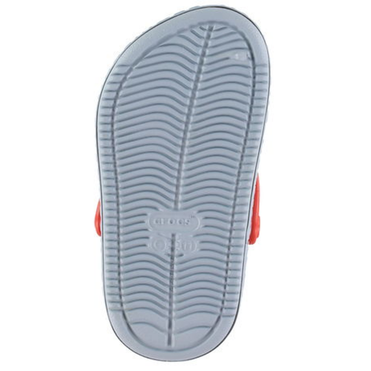Gray sandal sole with brand logo on a white background