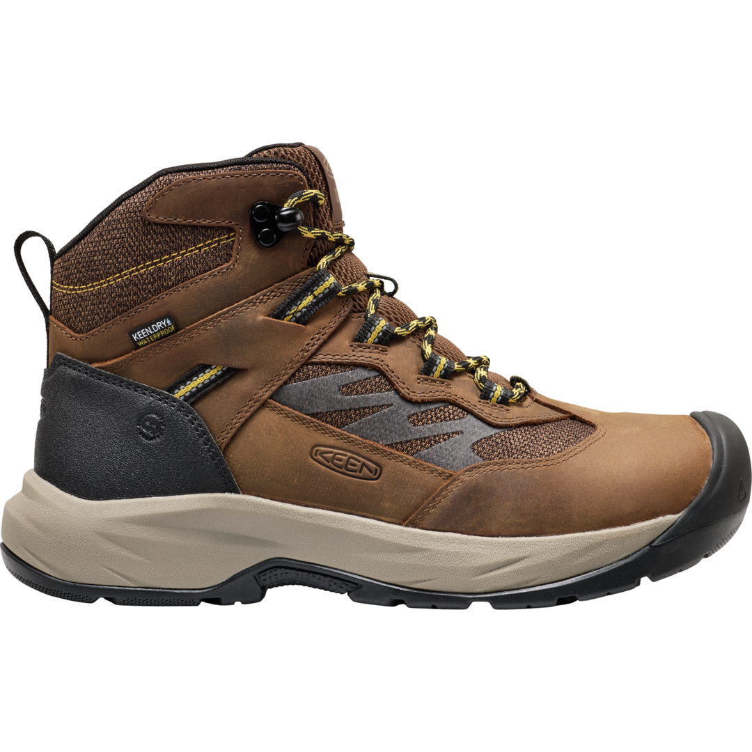 Brown work boot with Keen logo on a white background