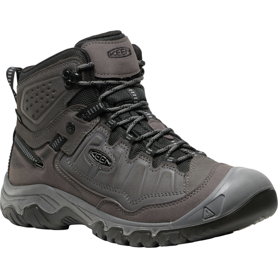 Gray hiking boot with KEEN logo on a white background