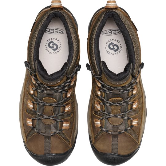 Pair of brown hiking shoes with black laces on a white background