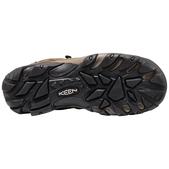 Close-up of a KEEN hiking shoe sole on a white background