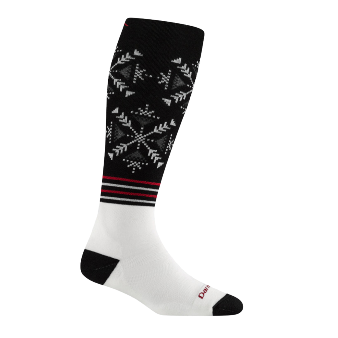 Black and white patterned sock with red accents on a white background