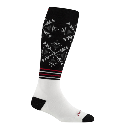 Black and white patterned sock with red accents on a white background