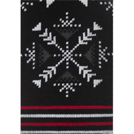 Black sock with white snowflake pattern and red horizontal stripe on a white background