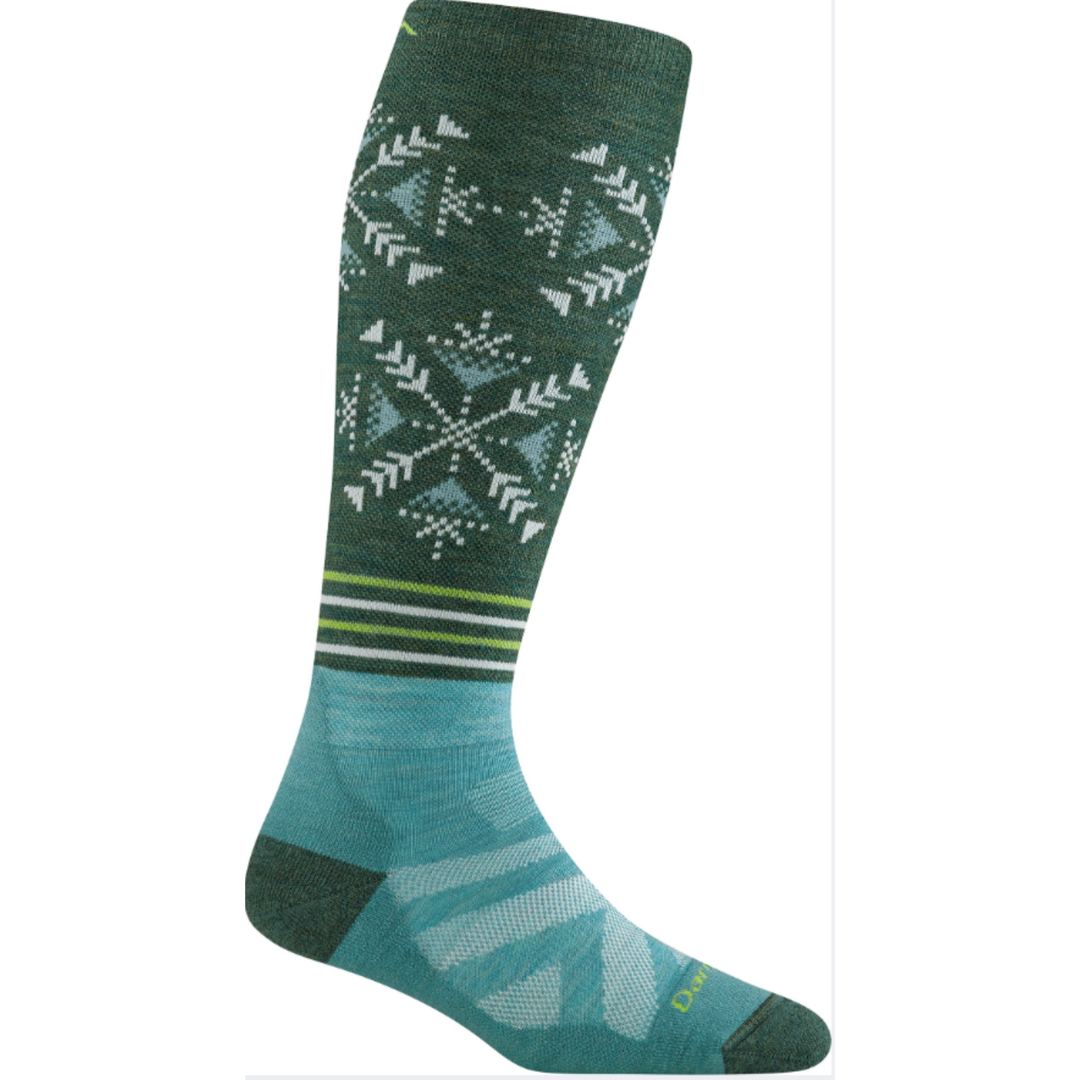 Green and blue patterned sock on a white background