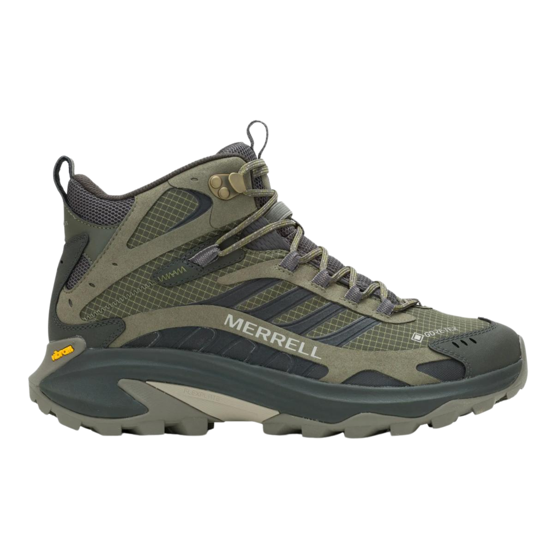 Green hiking boot with Merrell branding on a white background