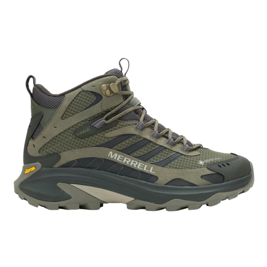 Green hiking boot with Merrell branding on a white background