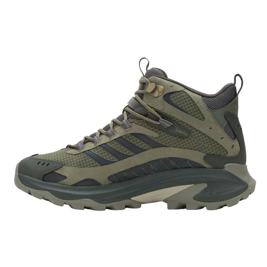 Green hiking boot with gray accents on a white background