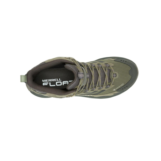 Green hiking boot with 'Merrell' branding on a white background