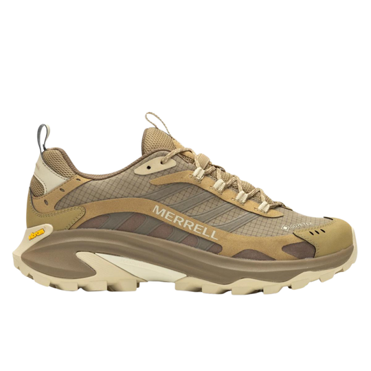 Brown hiking shoe with Merrell branding on a white background