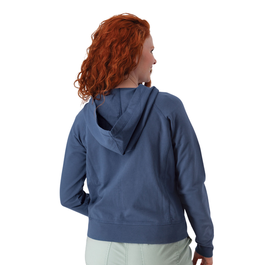 Person wearing a blue hoodie on a white background