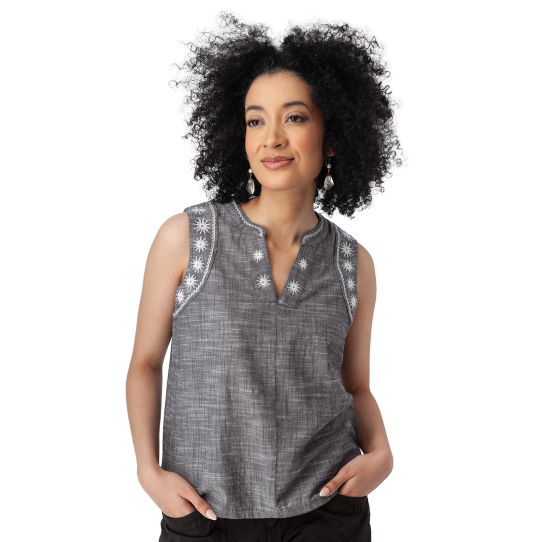 Aventura Women's Festival Embroidered Split Neck Tank - Black