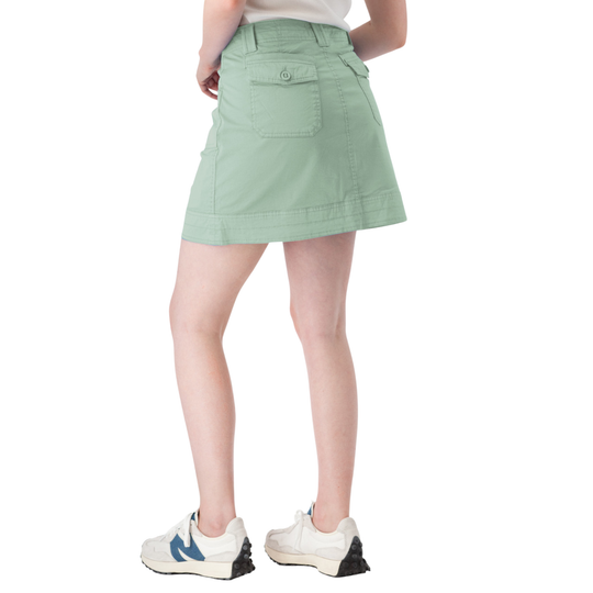 Person wearing a light green skirt on a white background