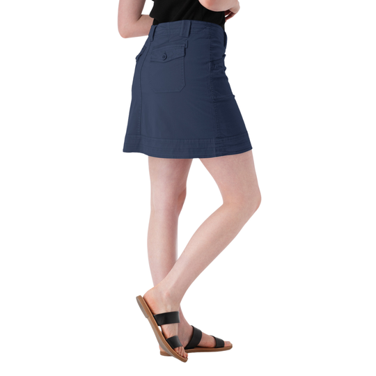 Person wearing a blue skirt on a white background