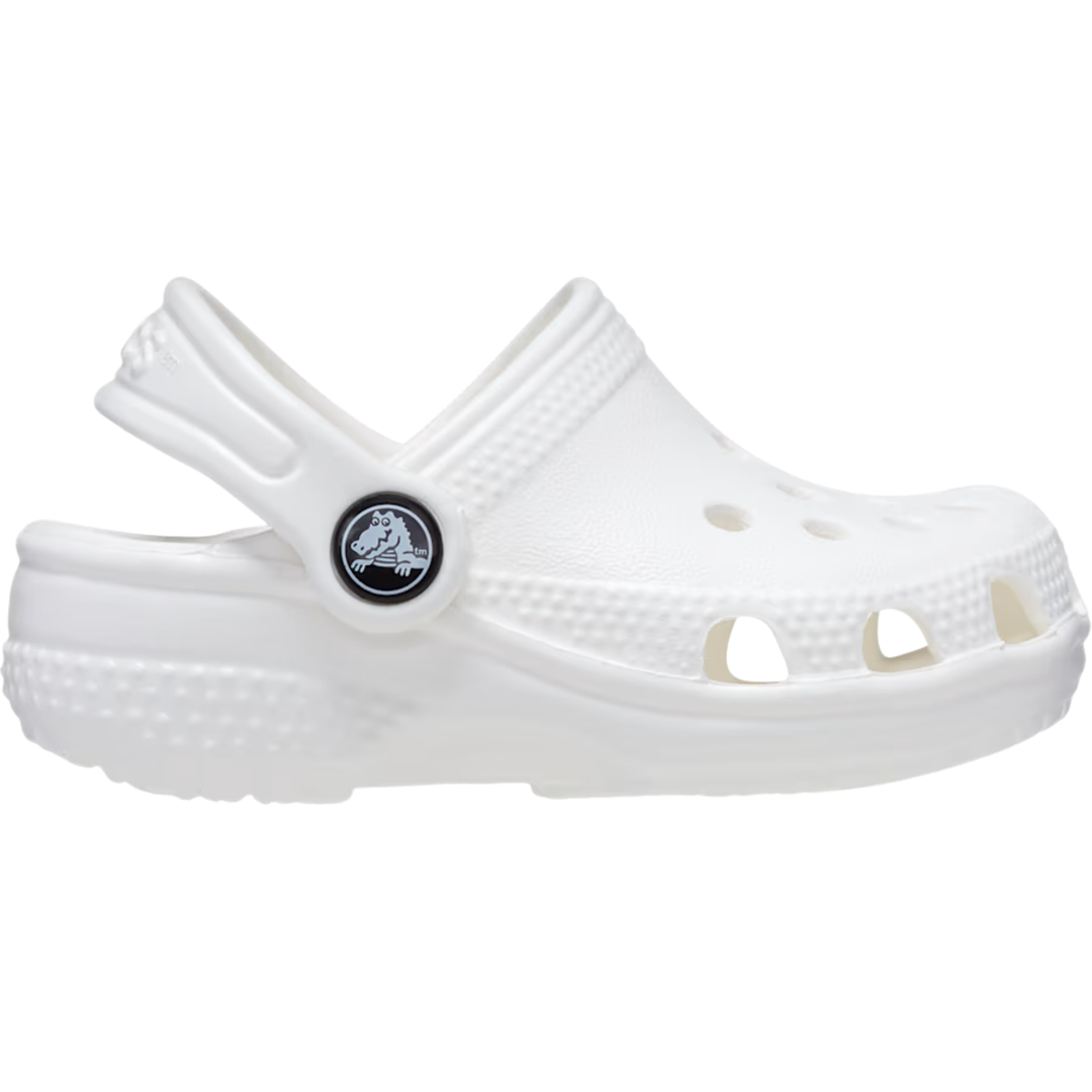 White clog shoe with a brand logo on a white background