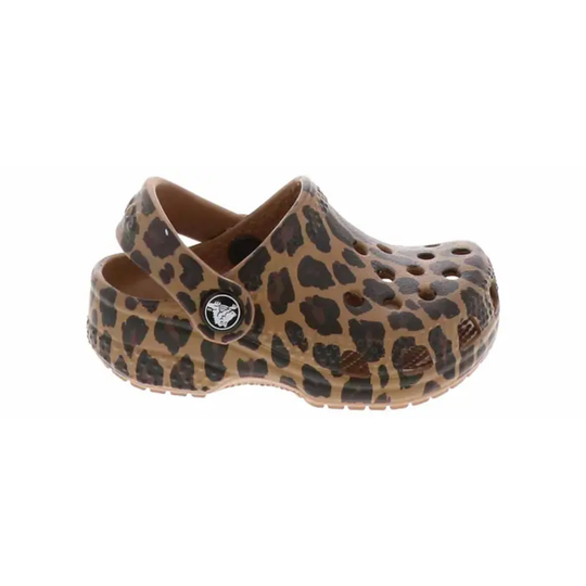 Leopard print clog shoe on a white background