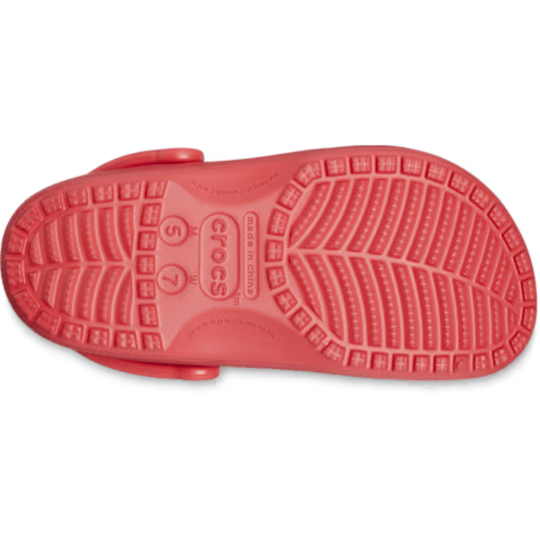 Red sandal sole with brand logo on a white background