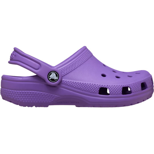 Purple clog shoe with a brand logo on a white background