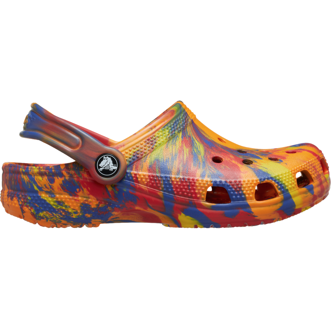 Colorful clog shoe with tie-dye pattern on a white background