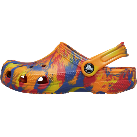 Colorful clog shoe with a multicolor pattern on a white background