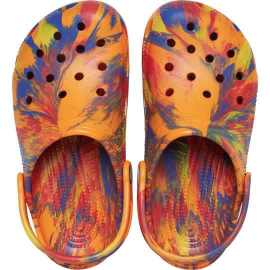 Colorful tie-dye sandals with orange straps on a white background