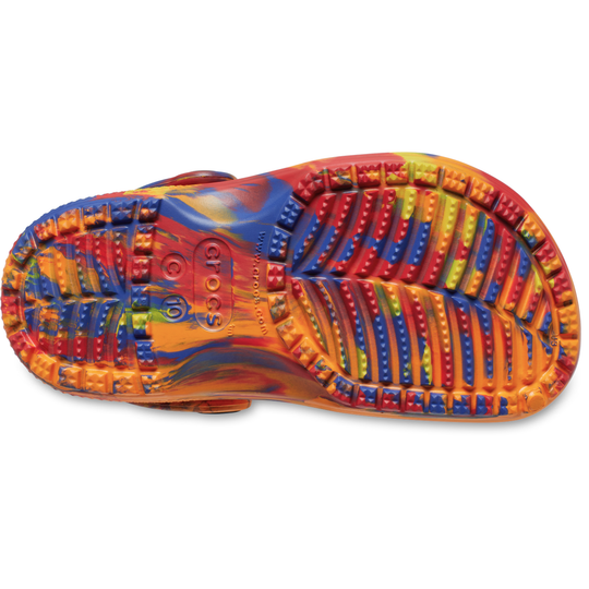 Colorful sandal sole with brand logo on a white background