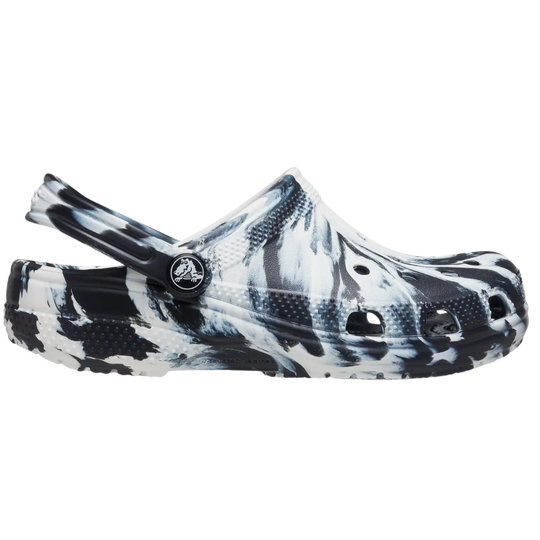 Black and white patterned clog shoe on a white background